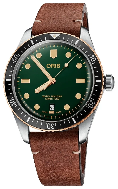 Oris Divers Sixty-Five Automatic Stainless Steel & Bronze Green Dial Brown Leather Strap Date Mens Watch 733 7707 4357-07 5 20 45