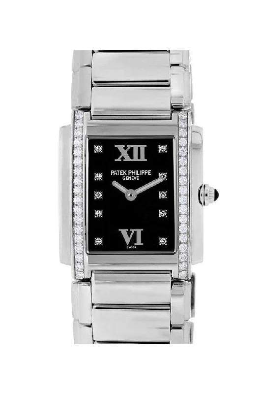 Patek Philippe Twenty-4 Black Dial Steel Diamond Ladies Watch 4910/10A-001