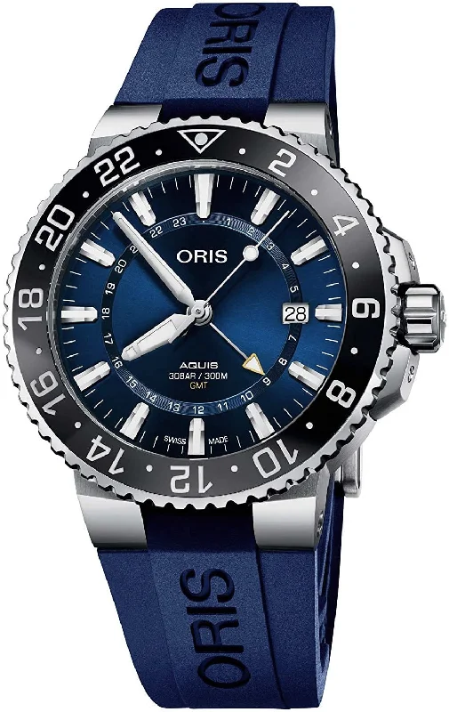 Oris Aquis Automatic Stainless Steel Blue Rubber Strap Blue Dial GMT Date Divers Mens Watch 798 7754 4135-07 4 24 65EB