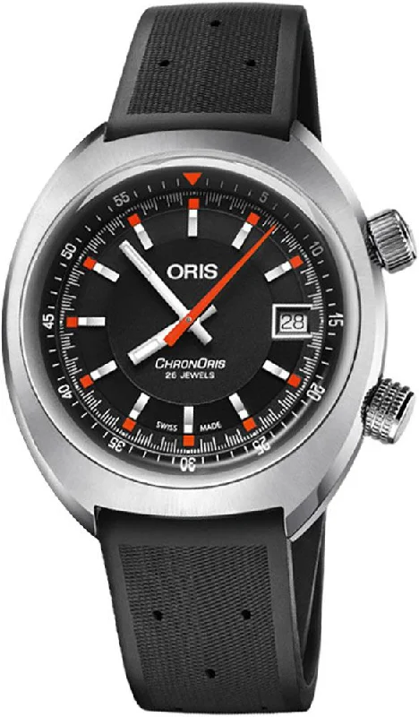 Oris Chronoris Automatic Stainless Steel Black Rubber Strap Black Dial Date Mens Watch 733 7737 4054-RS