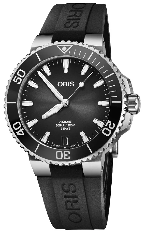 Oris Aquis Automatic Stainless Steel Gray Dial Black Rubber Strap Date Divers Mens Watch 400 7769 4154-07 4 22 74FC