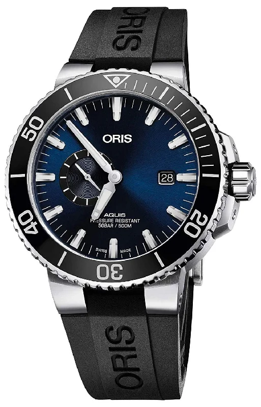 Oris Aquis Automatic Stainless Steel Black Rubber Strap Blue Dial Date Divers Mens Watch 743 7733 4135-RS