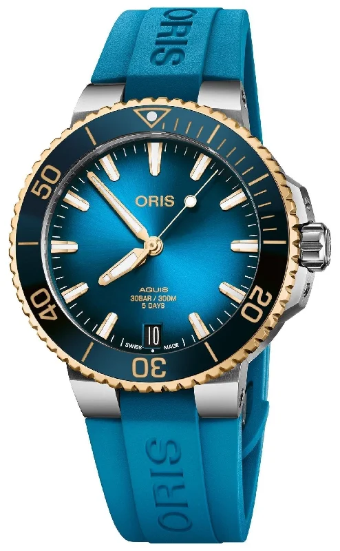 Oris Aquis Date Automatic Stainless Steel Blue Dial Blue Rubber Strap Divers Mens Watch 400 7769 6355-07 4 22 75FC