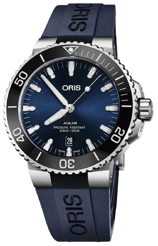 Oris Aquis Automatic Stainless Steel Blue Dial Blue Rubber Strap Date Divers Mens Watch 733 7730 4135-07 4 24 65EB