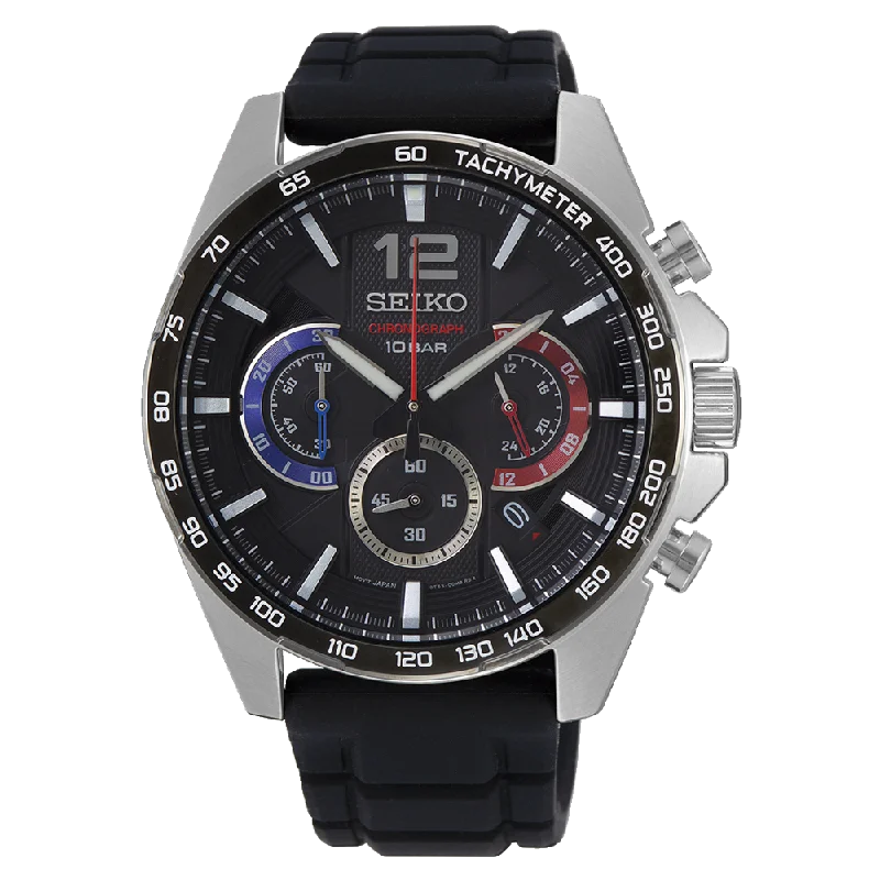 Seiko Chronograph Black Dial Silicone Strap Watch SSB347