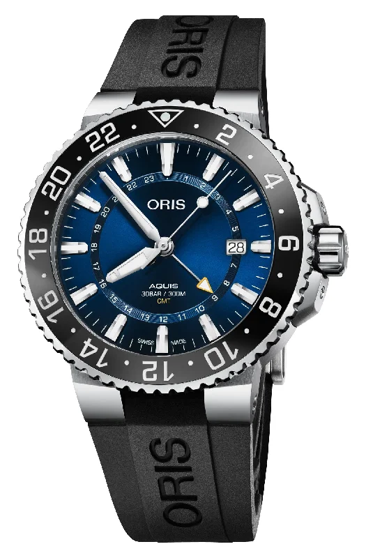 Oris Aquis GMT Date Automatic Stainless Steel Blue Dial Black Rubber Strap Divers Mens Watch 798 7754 4135-07 4 24 64EB