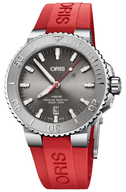 Oris Aquis Relief Automatic Stainless Steel Gray Dial Red Rubber Strap Date Divers Mens Watch 733 7730 4153-07 4 24 66EB