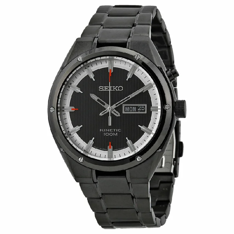 Seiko Kinetic Black And White Dial Black Ion-Plated Mens Watch