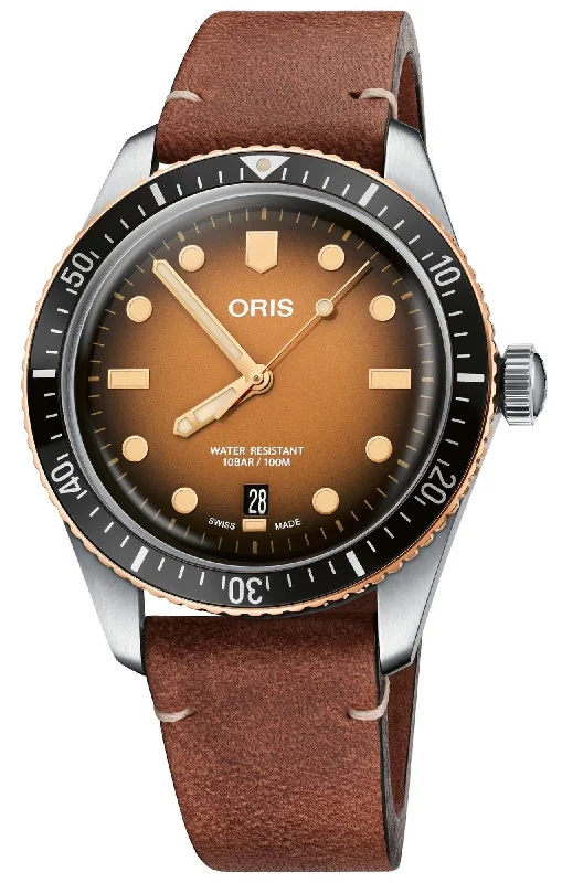 Oris Divers Sixty-Five Automatic Bronze Brown Dial Brown Leather Strap Date Mens Watch 733 7707 4356-07 5 20 45