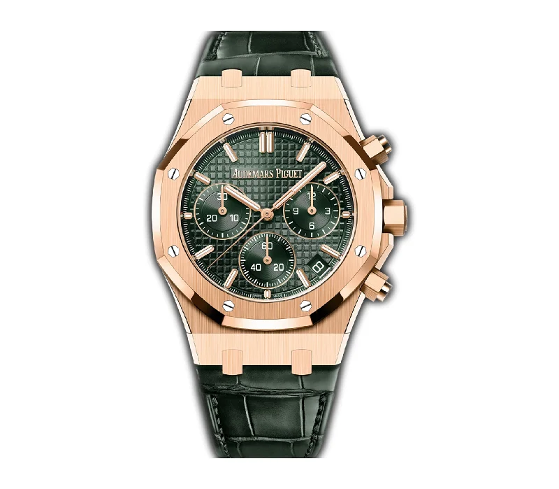 41mm Chronograph 18k Rose Gold Green Dial On Leather