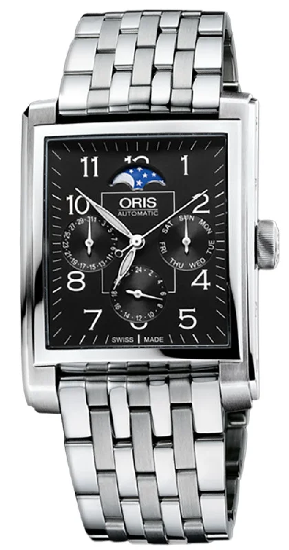 Oris Rectangular Complication Automatic Stainless Steel Black Dial Moonphase Dual Timezone Day/Date Mens Watch 582 7658 4034-07 8 23 82