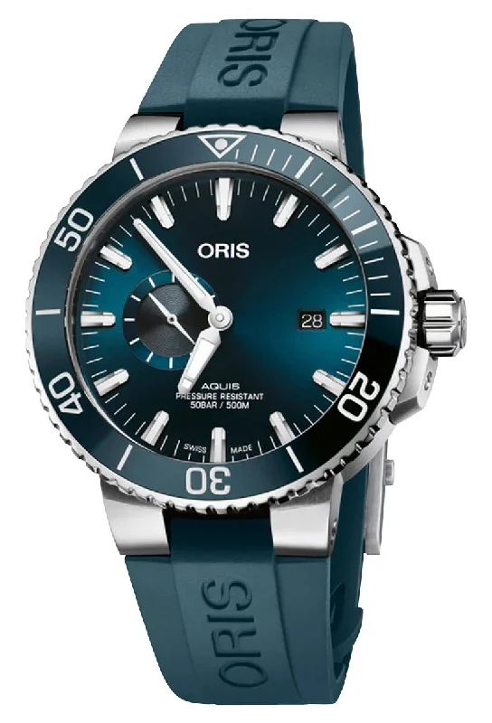 Oris Aquis Automatic Stainless Steel Blue Dial Blue Rubber Strap Date Divers Mens Watch 743 7733 4155-RS