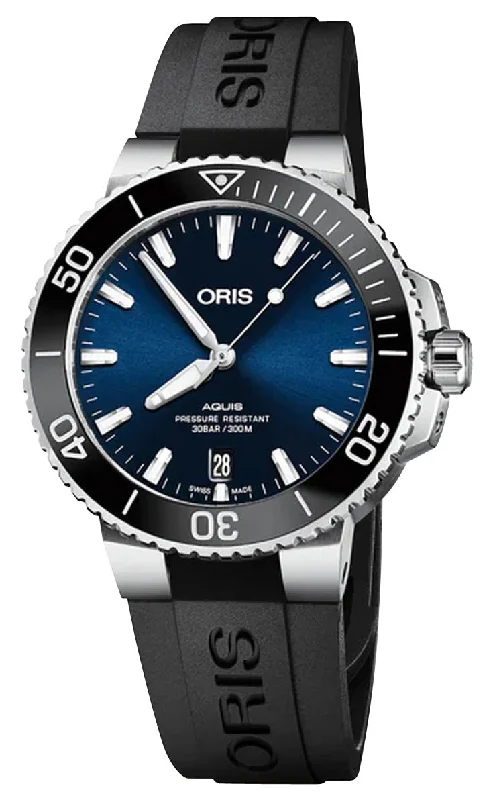 Oris Aquis Date Automatic Stainless Steel Blue Dial Black Rubber Strap Divers Mens Watch 733 7732 4135-07 4 21 64FC