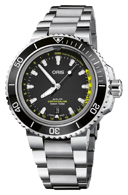 Oris Aquis Depth Gauge Automatic Stainless Steel Black Dial Date Divers Mens Watch 733 7755 4154-Set MB