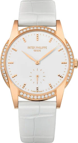 Patek Philippe Ladies Calatrava 33mm White Hobnail Index Diamond Bezel Rose Gold Leather - 7122-200R-001