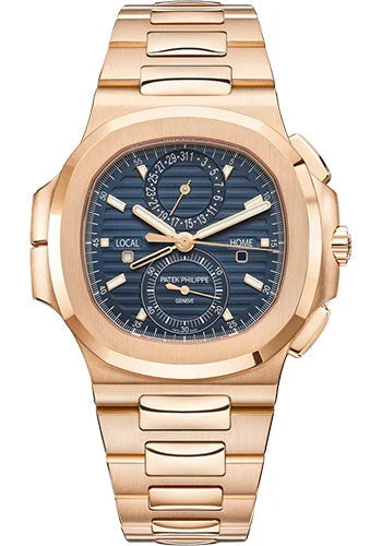 Patek Philippe Nautilus Self-Winding Travel Time Chronograph - 40.5 mm Rose Gold Case - Blue Dial - Rose Gold Bracelet - 5990/1R-001