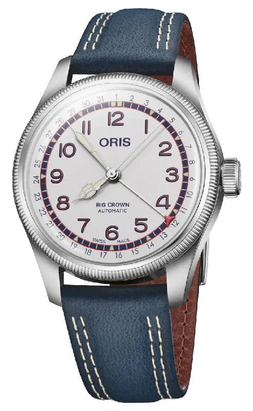 Limited Edition Oris Big Crown Pointer Date Hank Aaron Automatic White Dial Blue Leather Interchangeable Textile Strap Mens Watch 754 7785 4081-Set