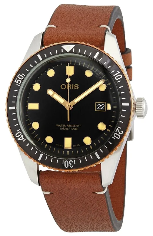 Oris Divers Sixty-Five Automatic Stainless Steel & Bronze Black Dial Brown Leather Strap Date Mens Watch 733 7720 4354-07 5 21 45