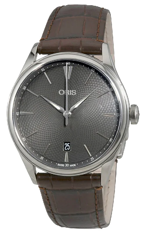 Oris Artelier Date Automatic Stainless Steel Gray Dial Brown Leather Strap Mens Watch 733 7721 4053-07 5 21 65FC