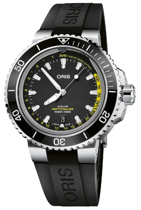 Oris Aquis Depth Gauge Automatic Stainless Steel Black Dial Black Rubber Strap Date Divers Mens Watch 733 7755 4154-Set RS