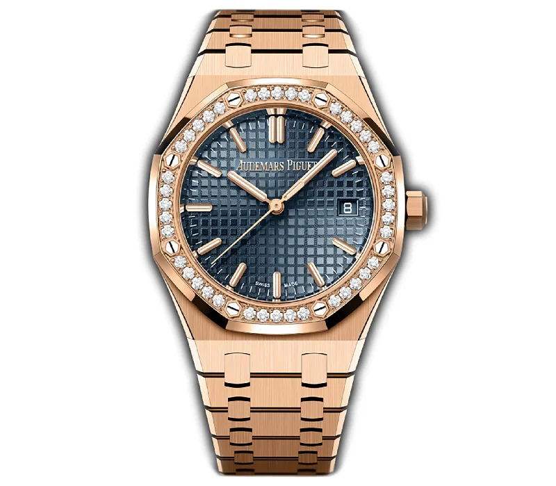 34mm 18k Rose Gold Diamond Bezel Blue Dial Automatic