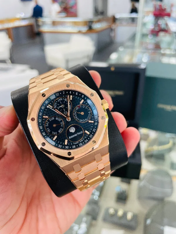 Audemars Piguet Royal Oak Perpetual Calendar Rose Gold Blue Dial Moonphase 26574OR.OO.1220OR.02 Box and Papers Mint Condition PreOwned