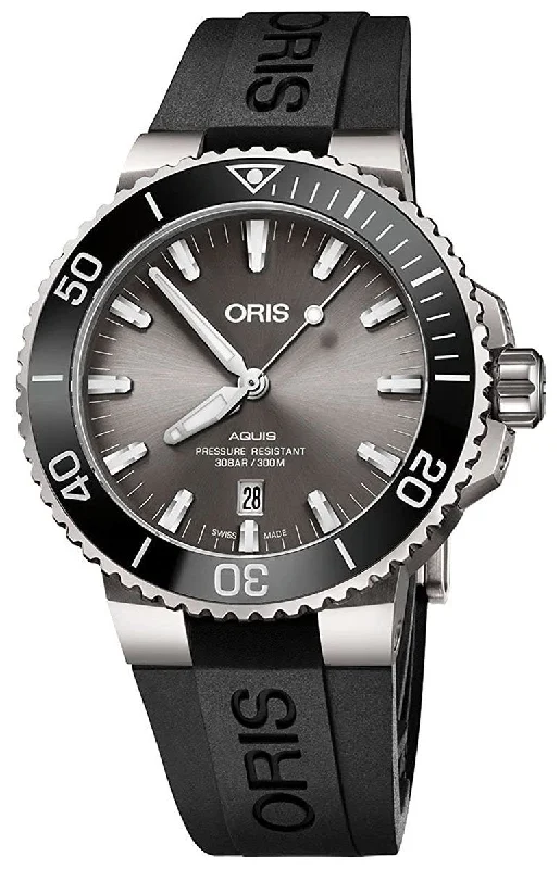 Oris Aquis Automatic Titanium Black Rubber Strap Grey Dial Date Divers Mens Watch 733 7730 7153-RS