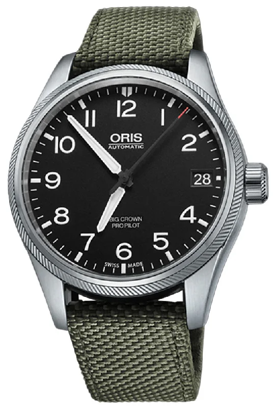 Oris Big Crown ProPilot Automatic Stainless Steel Olive Textile Strap Black Dial Date Mens Watch 751 7697 4164-07 5 20 14FC