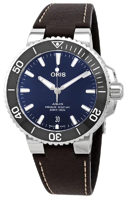 Oris Aquis Date Automatic Stainless Steel Blue Dial Brown Leather Strap Divers Mens Watch 01 733 7732 4135-07 5 21 10FC