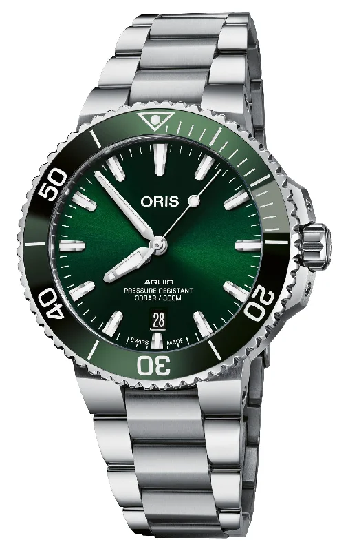 Oris Aquis Automatic Stainless Steel Green Dial Date Divers Mens Watch 733 7766 4157-MB