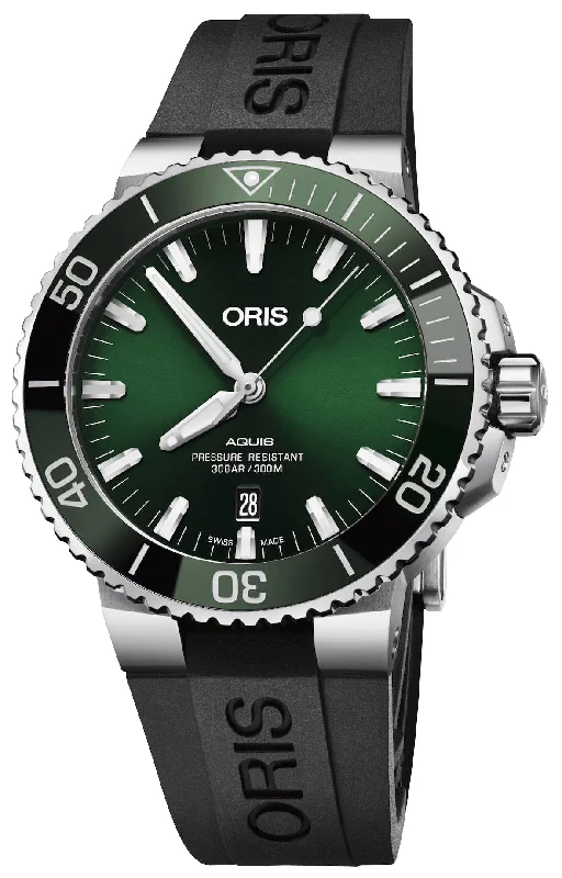 Oris Aquis Automatic Stainless Steel Green Dial Black Rubber Strap Date Divers Mens Watch 733 7730 4157-07 4 24 64EB