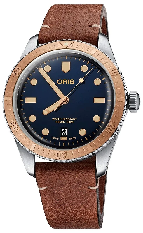 Oris Divers Sixty-Five Automatic Stainless Steel & Bronze Brown Leather Strap Blue Dial Date Mens Watch 733 7707 4355-07 5 20 45