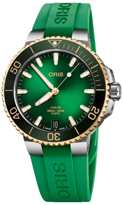 Oris Aquis Date Automatic Stainless Steel Green Dial Green Rubber Strap Divers Mens Watch 400 7769 6357-07 4 22 77FC