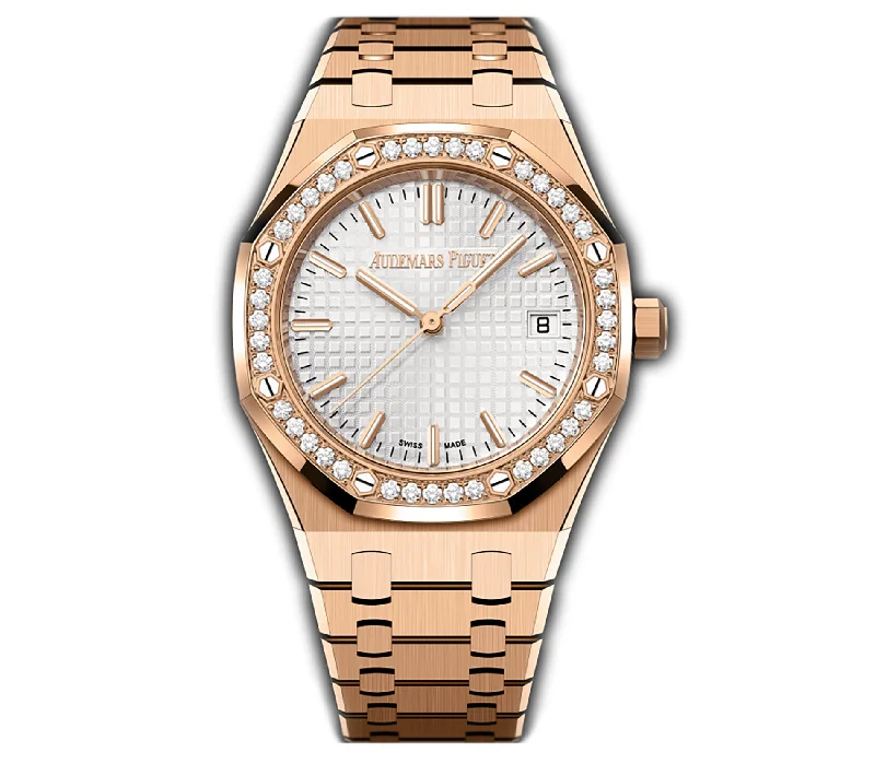 34mm 18k Rose Gold Diamond Bezel Silver Dial Automatic