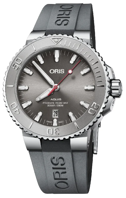 Oris Aquis Relief Automatic Stainless Steel Gray Dial Gray Rubber Strap Date Divers Mens Watch 733 7730 4153-07 4 24 63EB