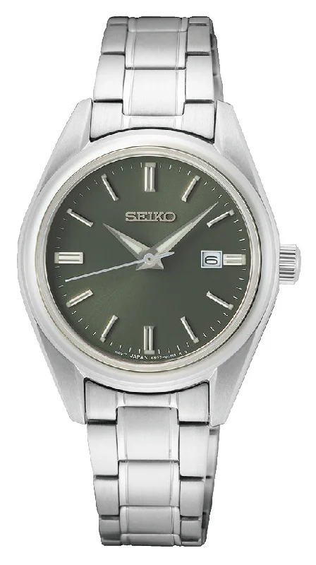 Seiko Stainless Steel Sapphire Quartz Olive Green Dial Watch SUR533P