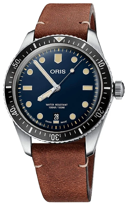 Oris Divers Sixty-Five Automatic Stainless Steel Blue Dial Brown Leather Strap Date Mens Watch 733 7707 4055-07 5 20 45